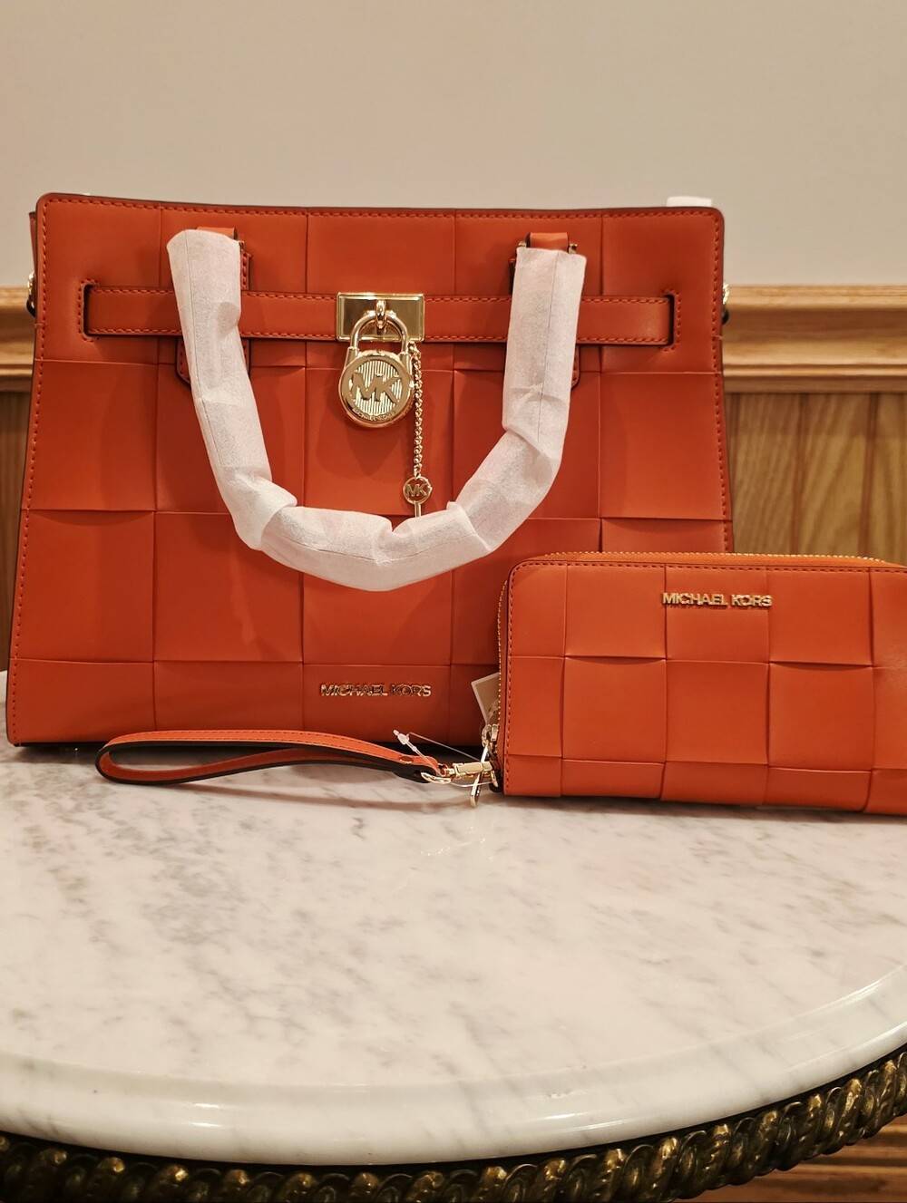 NWT Michael Kors Hamilton Medium Woven Leather Satchel + Wallet Red Clay